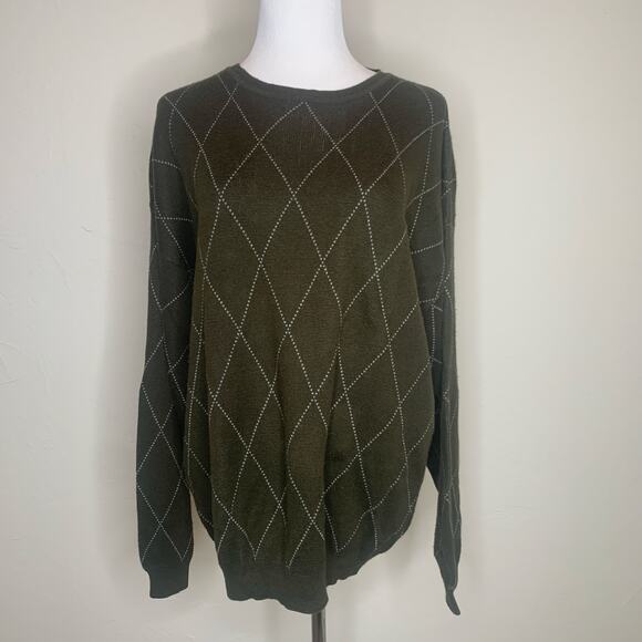 Vintage Army Green Sweater Diamond Print Large - Picture 1 of 10